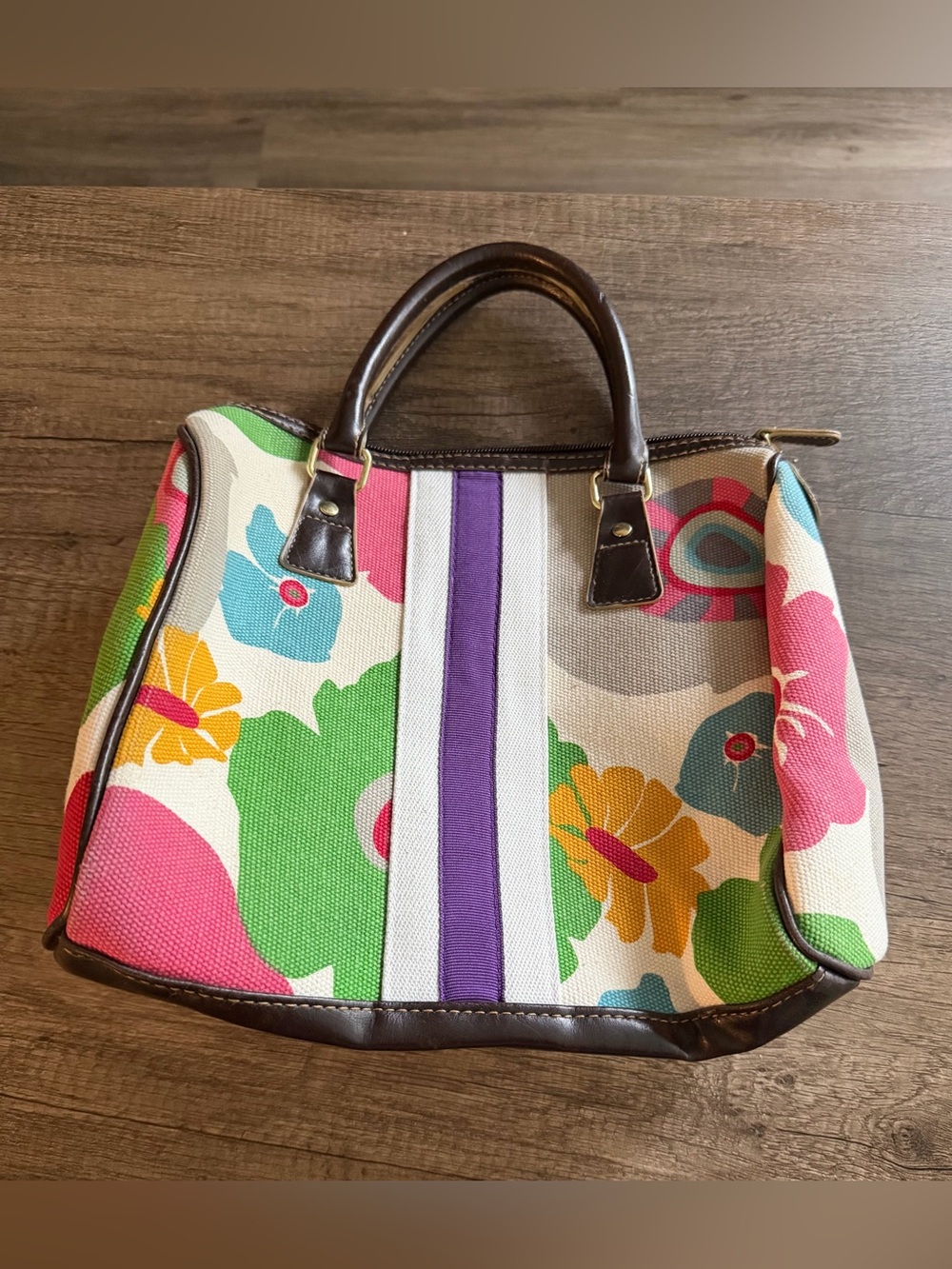 Victoria's Secret Multicolor Floral Canvas Tote with Purple Stripe